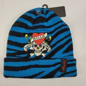 Ed Hardy Love Kills Slowly Toque Beanie Winter Knit Hat Pompom Skull Heart